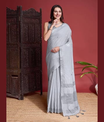 Rekha Maniyar Linen Embroidered Saree With Unstitched Blouse Piece ( Grey )