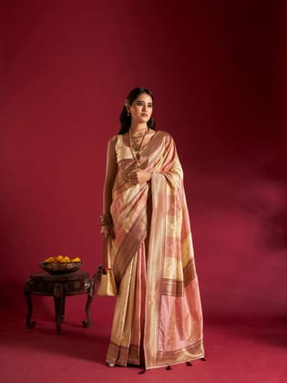 Cream & Light Pink Pure Soft Banarasi Weaving Silk Saree