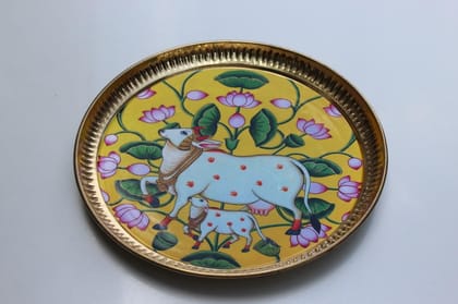 Gold Handcrafted Brass Pooja Thali, Traditional Indian Art With Lotus And Cow Motif For Puja