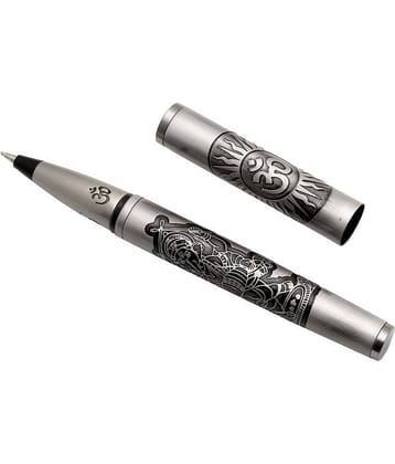 Srpc Lord Ganesha & OM Engraved On Silver Gray Metal Body Ballpoint Pen Magnetic Cap & Blue Refill