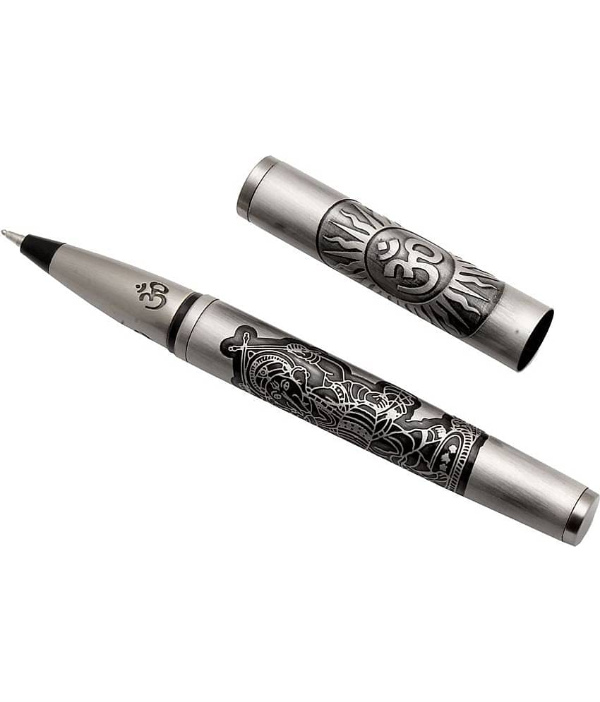 Srpc Lord Ganesha & OM Engraved On Silver Gray Metal Body Ballpoint Pen Magnetic Cap & Blue Refill