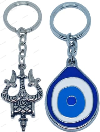 KD COLLECTIONS Evil Eye Keychain & Lord Shiva Shankar Mahadev Om Namah Shivay Trishul Keychain Combo – Multicolor – Pack of 2 Keychains