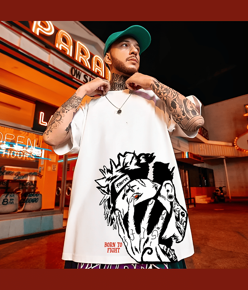 BUKKL Men Cotton Oversized Fit Printed T-Shirt ( White )