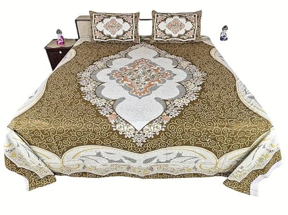 Cotton bedsheet Set with Decorative Pillows, Brown, White and Grey, 254 x 274 cm