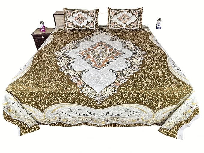 Cotton bedsheet Set with Decorative Pillows, Brown, White and Grey, 254 x 274 cm