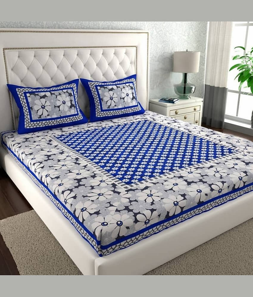 COZYKO Cotton 1 Double Bedsheet with 2 Pillow Covers ( Blue )