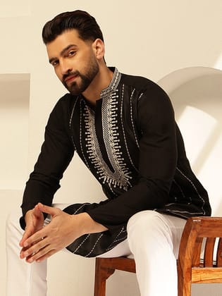 Men's Cotton Silk Elegant Neck Embroidered Black Kurta with White Pyjama-36