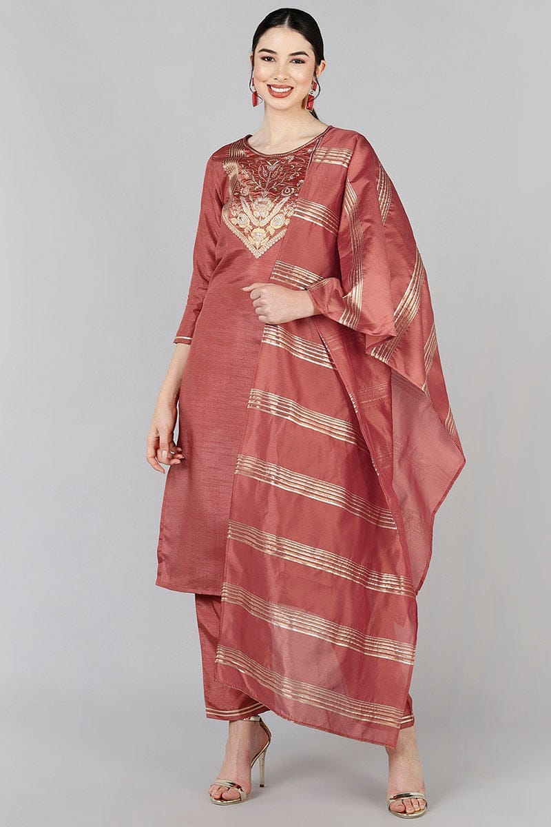 Rust Poly Silk Yoke Design Straight Suit Set PKSKD1377