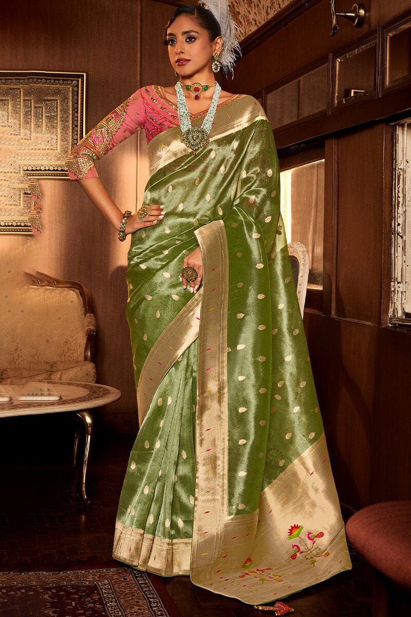 Camo Green Paithani Tissue Silk Saree With Embroidery Blouse