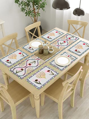 Handblock Printed Canvas Cotton Table Runner With Set Of 6 Mats-Cotton / Handblock / 6 Seater