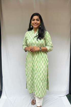 Rivaaj Ethnic Jyothi Handblock Print Kurta (Green, M) | Pure Cotton Straight Fit | Traditional Ethnic Wear | Round Neck & 3/4 Sleeves