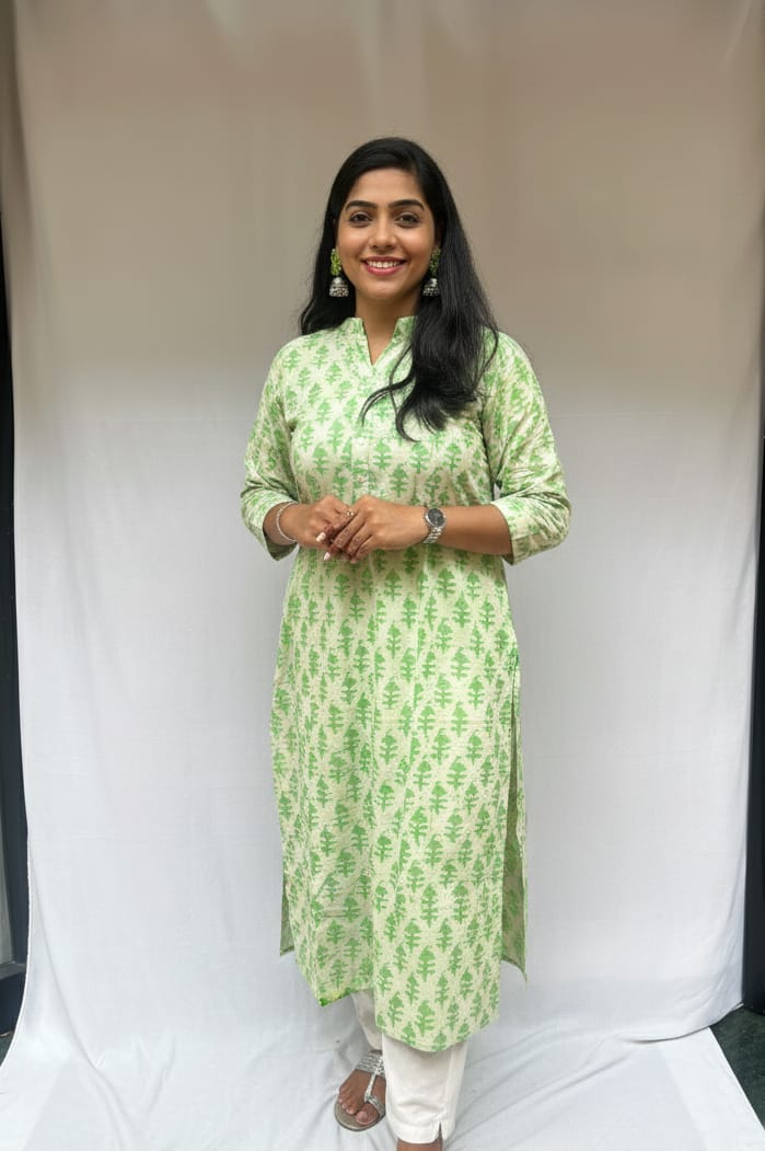 Rivaaj Ethnic Jyothi Handblock Print Kurta (Green, M) | Pure Cotton Straight Fit | Traditional Ethnic Wear | Round Neck & 3/4 Sleeves