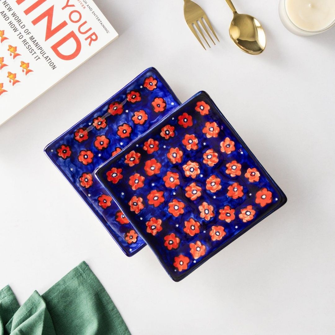 Floral Ceramic Square Serving Platter [Pack Of 1](7 Inches x 7 Inches)