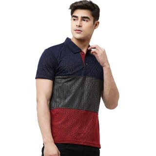 Leotude Men Navy Color Block Cotton Blend T-Shirt