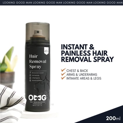 OMG Hair Removal Spray for Men | Painless Body Hair Removal pray for Chest Back Hands Legs and Intimate Areas | with Coffee Fragrance Shea Butter and Glycerine | Works in less than 10 Minutes| 200ml
