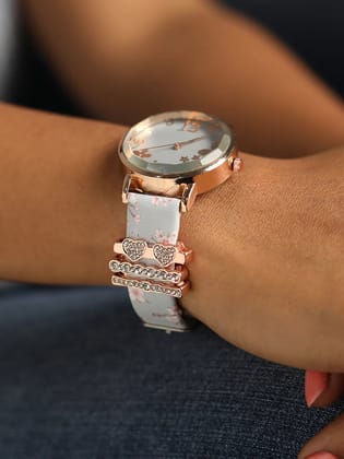 Round Analog Watch With Embellished Hearts Watch Charm - Grey-Watches