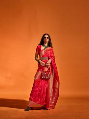 Red Satin Silk Banarasi Woven Saree