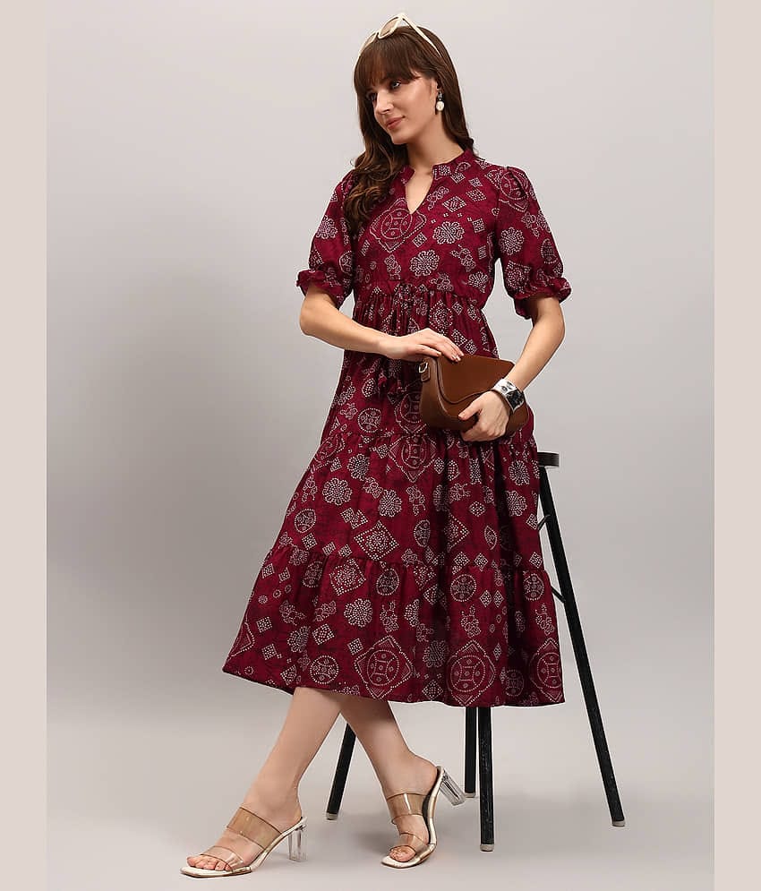 Femvy Women Crepe Printed Fit & Flare Dress ( Wine )