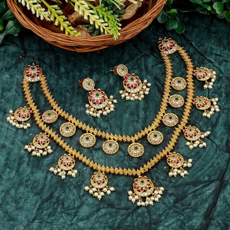 Exquisite Gold-Plated Necklace Set with Red, Green, and Pearl Stones - Traditional Bridal Jewelry Collection