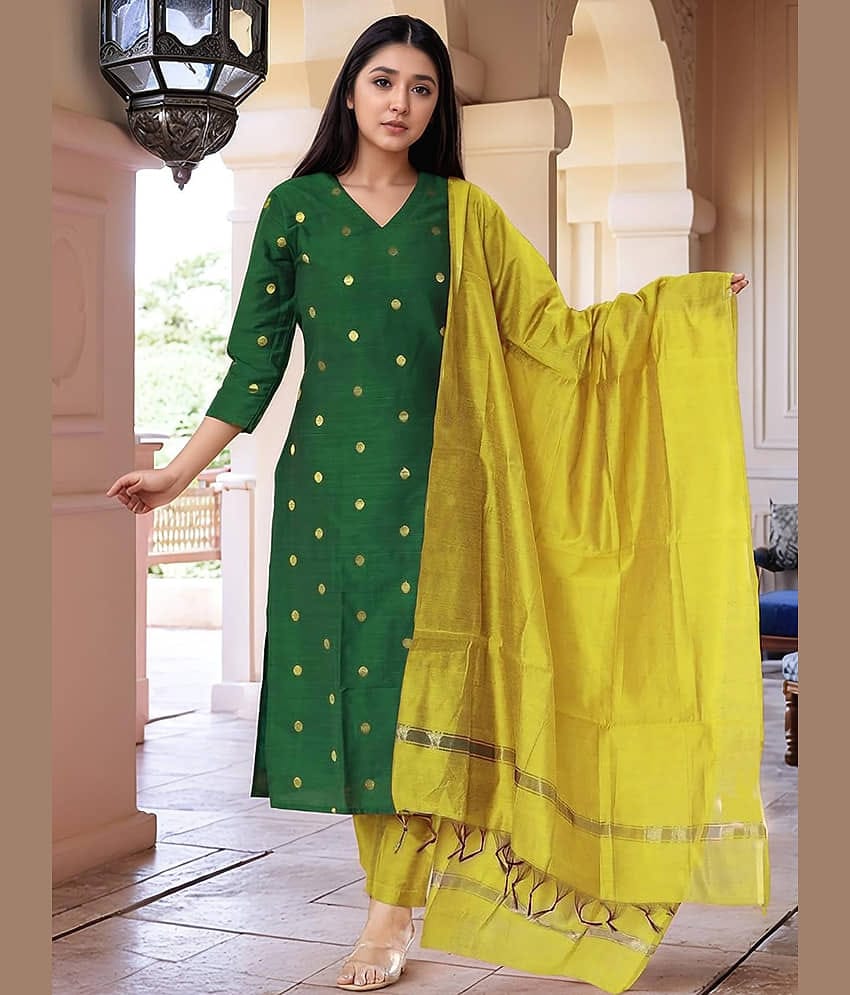 kedar fab Women Art Silk Self Design Straight Kurti With Pants ( Green )
