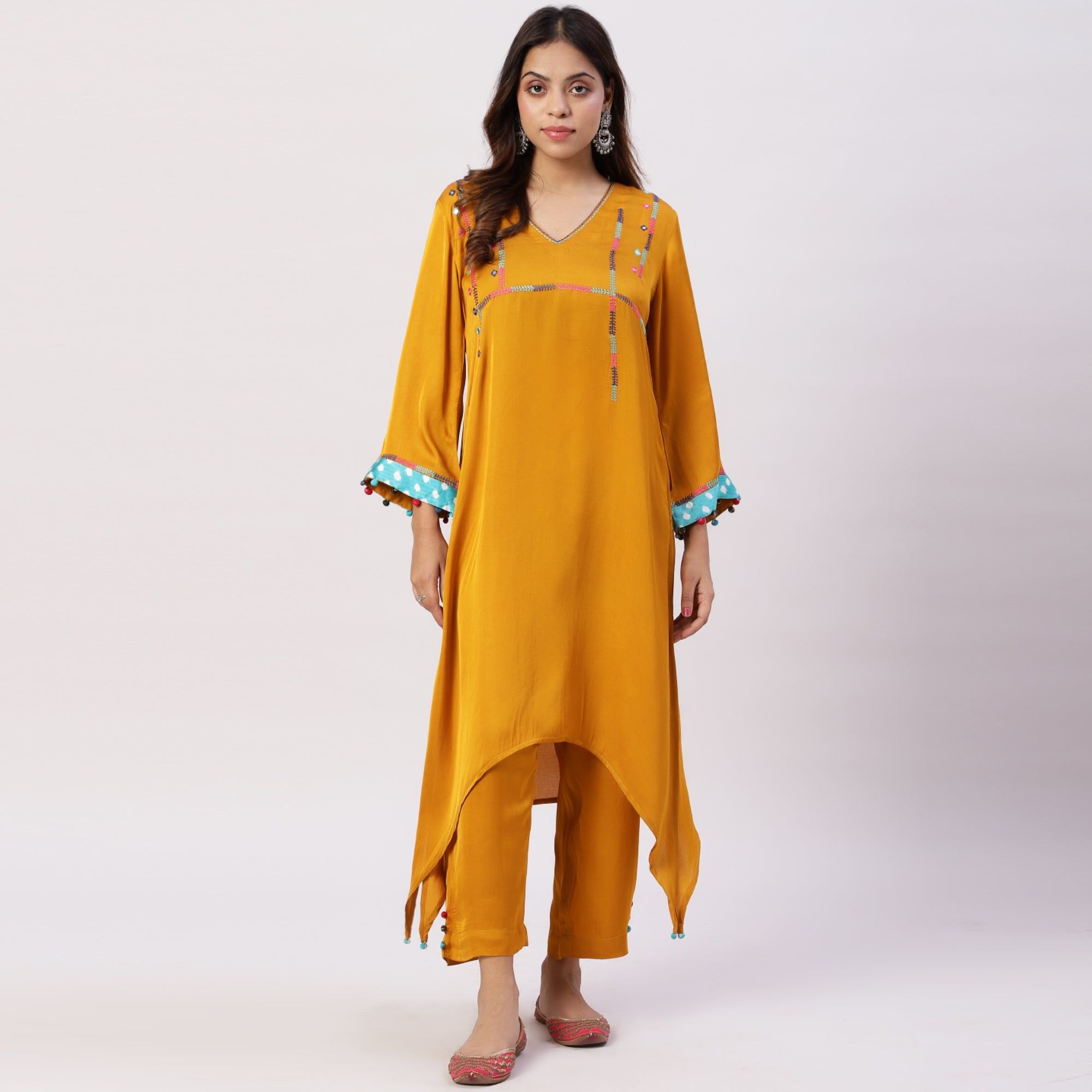 plain embroidered Modal Silk Kurta with Pants-XS
