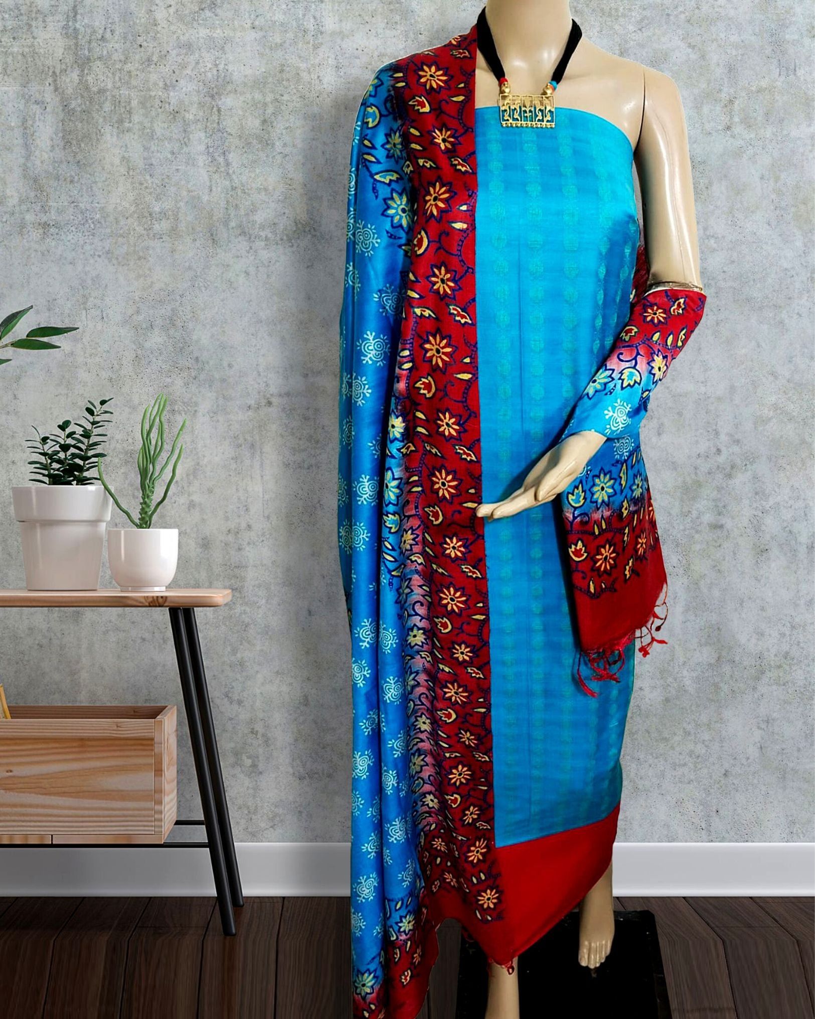 Katan Silk Luminous Blockprint Sky Blue Suit