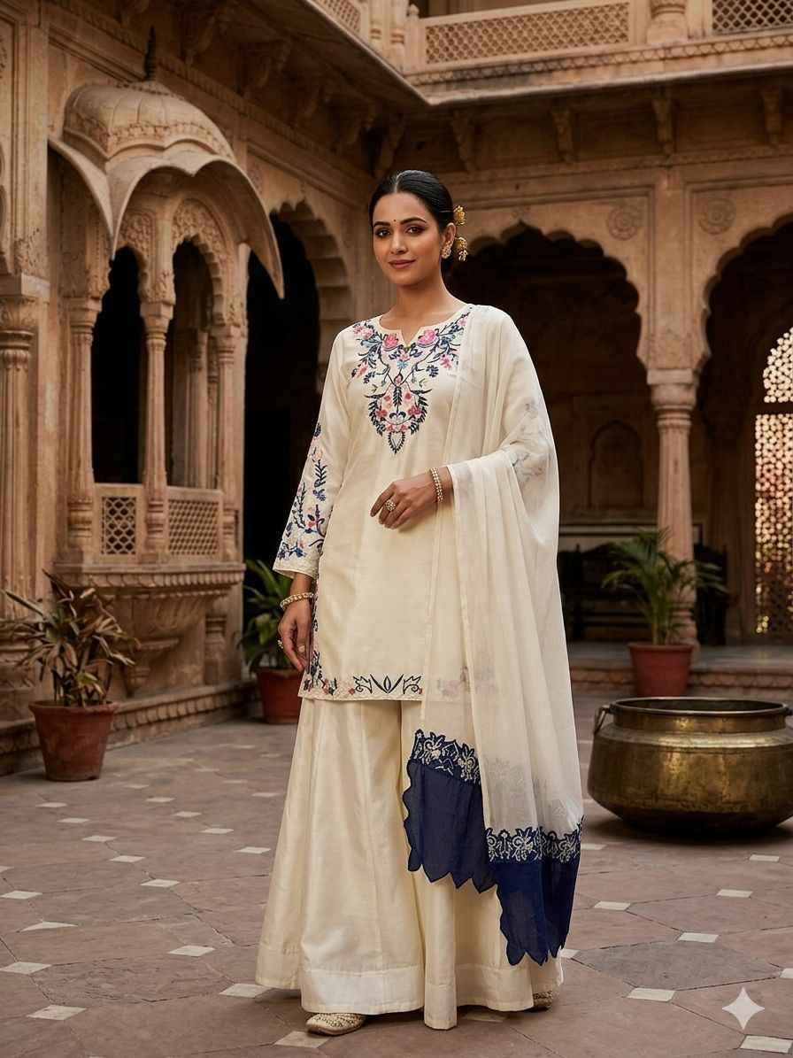 Crape Silk Embroidered Plazzo Suit