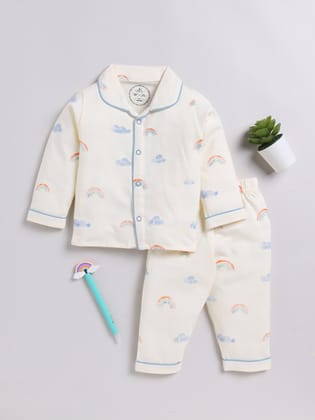 Clouds & Rainbow Cream Full Sleeve Nightwear Set-6-9 m