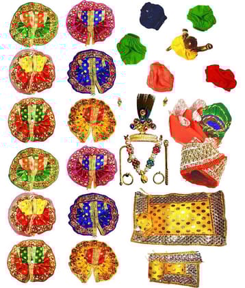 Lootnixx (Pack of 21 Only for Size-0)12-Laddu Gopal Dress With 6-Napy,1-Mukut Set, 1 Cushion, 1 Pagdi Dress (Silk)