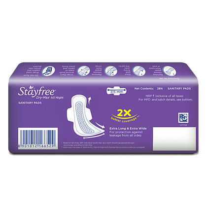 Stayfree Dry-Max All Night Xl - Sanitary Pads For Women, With Wings, 28 Pcs