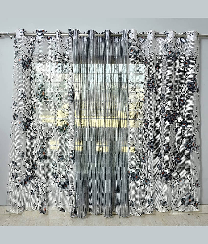 Kraftiq Homes Floral Transparent Eyelet Curtain 5 ft ( Pack of 3 ) - Light Grey