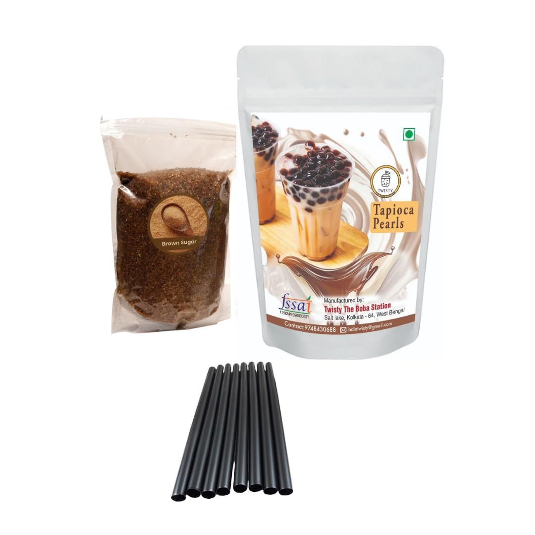 Tapioca Pearls Kit For Bubble Tea | Topping Boba For Milkshakes, Ice Cream And Yogurt | 1 Kg Topioca Pearls Including 250 Gms Brown Sugar For Caramelization And 10 Straws (12mm)