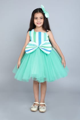Cotton One Shoulder Stripes Bow Dress- Aqua-1-2Y / Aqua
