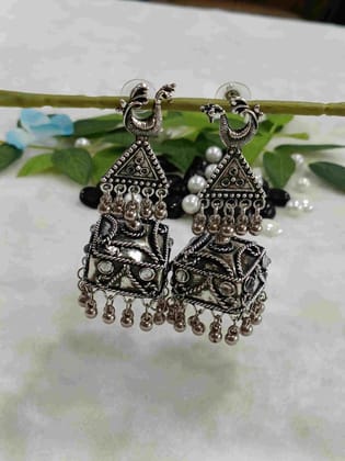 Silver Oxidised Layered Jhumka Earring- OXDER 4222