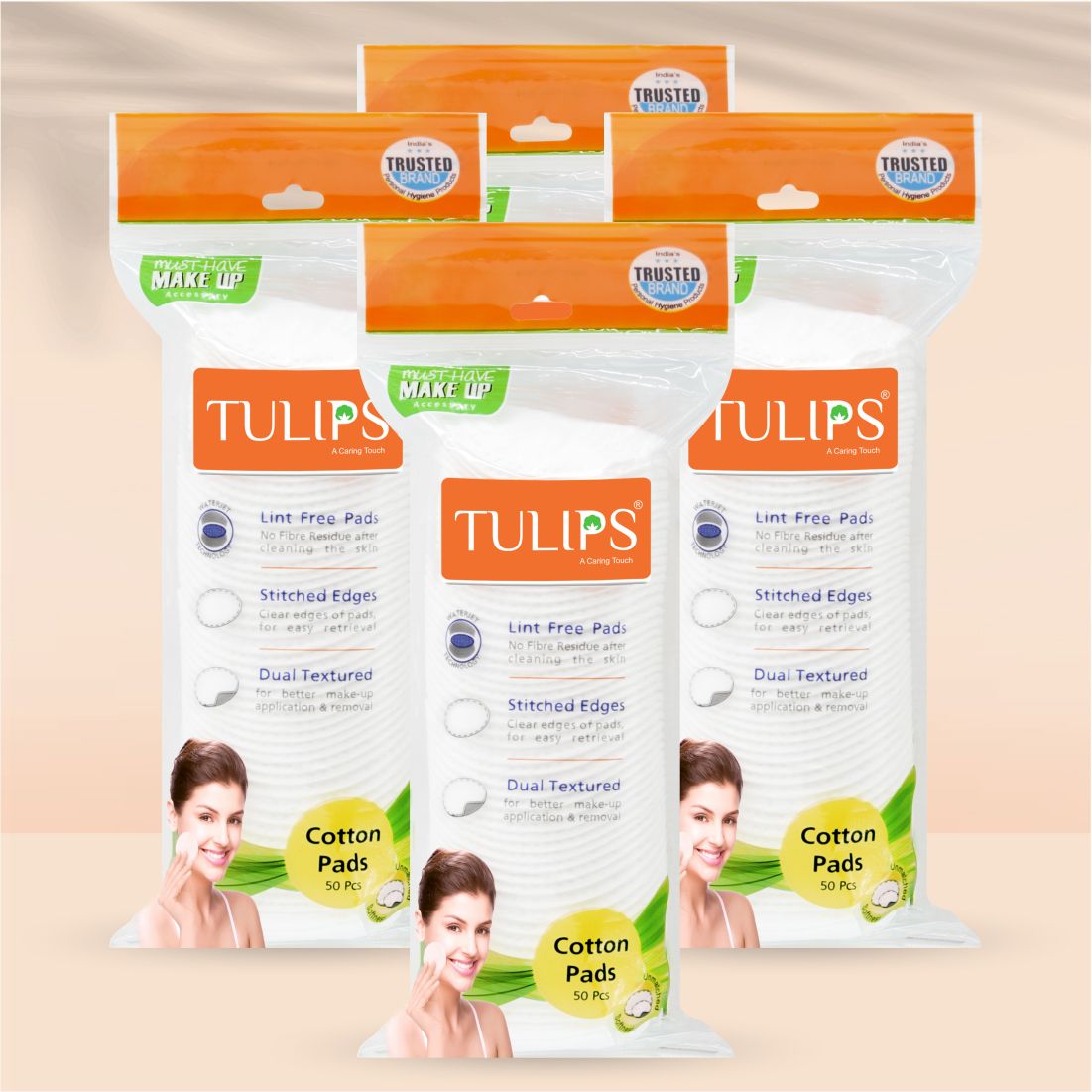 Tulips 50 Round Facial Cotton Pads in a Ziplock Bag (Pack of 4)