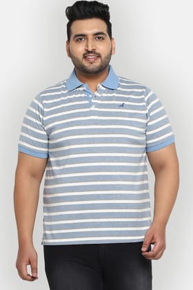 Striped Polo Half Sleeves T-Shirt For Plus Size Men - Bright White, Blue & Grey Melange-XXL / Bright White, Blue & Grey Melange