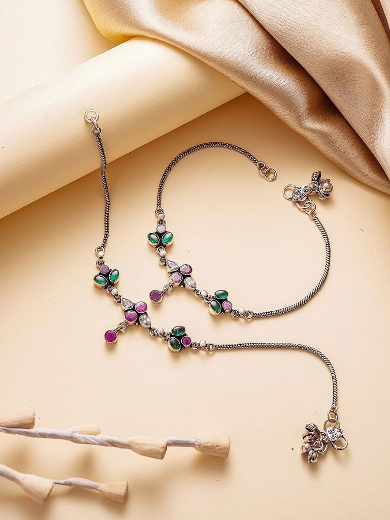 Silver Toned Green & Pink Crystal Floral Charm Elegant Payal Anklet - Anklets | Buy online on ZillyBuy