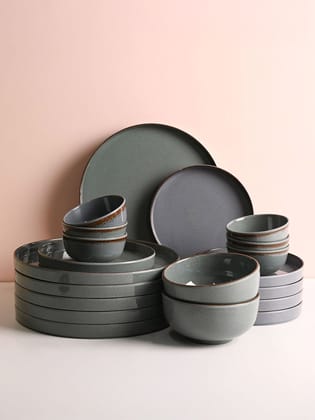24-Piece Stoneware Dinnerware Set, Muted Grey-Green Ceramic Plates & Bowls