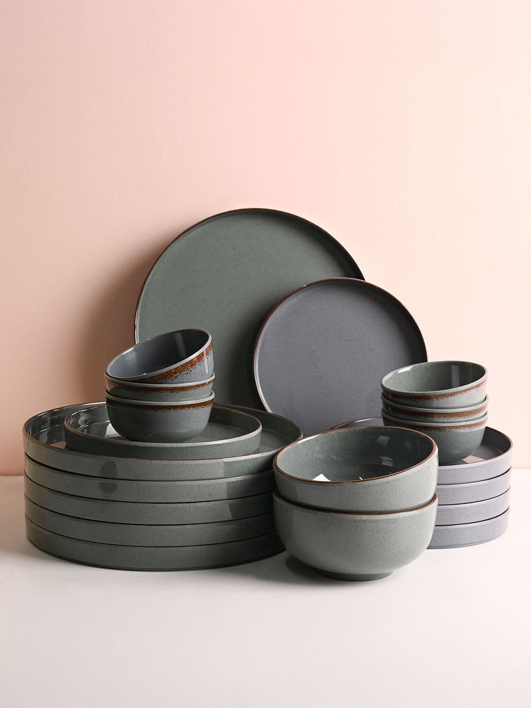 24-Piece Stoneware Dinnerware Set, Muted Grey-Green Ceramic Plates & Bowls