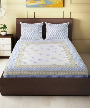 White sky blue hand block printed king size cotton bedsheet