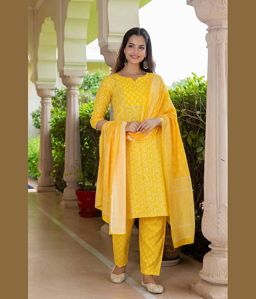 KETAKI FASHION Rayon Printed Kurti With Pants Women's Stitched Salwar Suit - Yellow ( Pack of 1 )