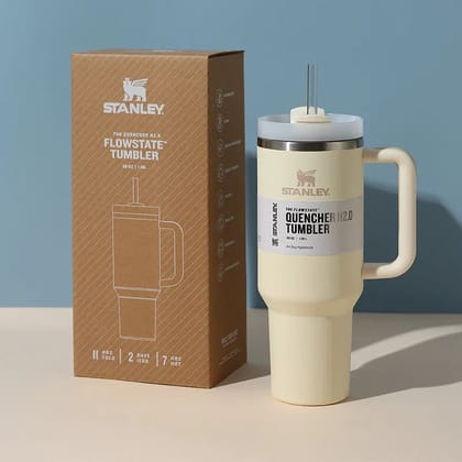Luxury Branded Stainless Steel Vacuum Insulated Tumbler With Lid & Straw-Cream