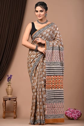 JAIPUR HANDBLOCK PRINT Exclusive collection of Bagru and Dabu handblock printed pure Cotton Mulmul Sarees with blouse piece.