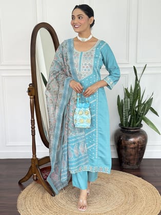 Womens Kurta Pent Dupatta Set Sky Rutva Suit