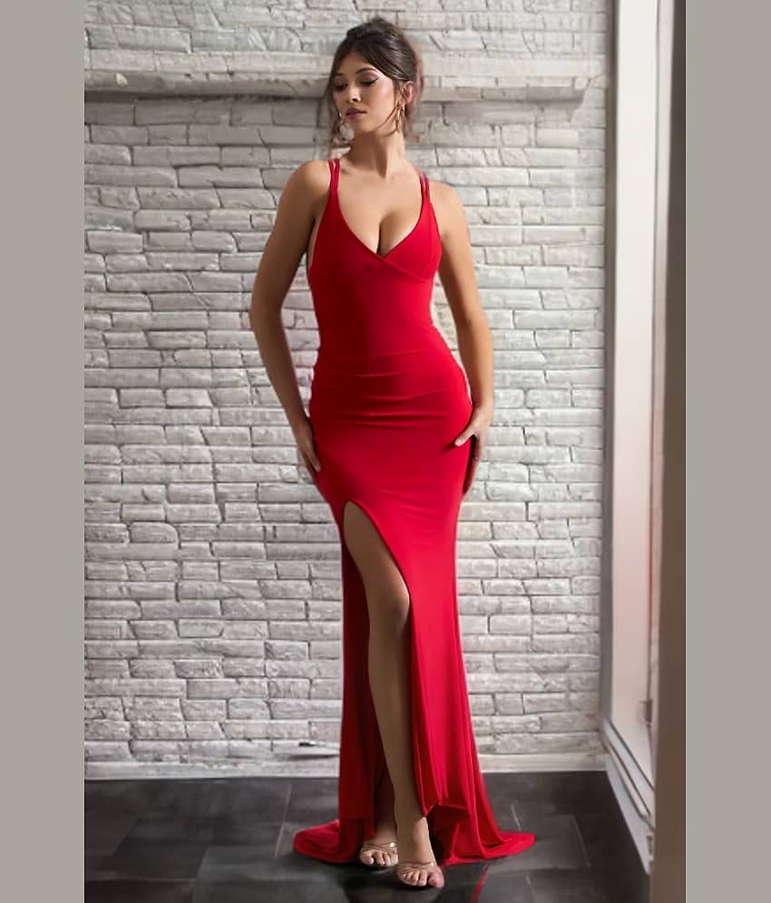 Traquila Women Lycra Solid Side Slit Dress ( Red )