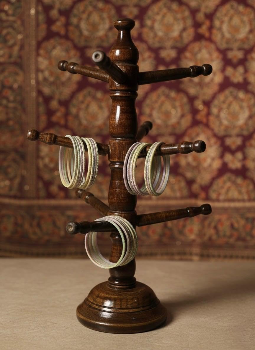 Brown Wooden Bangle Stand, Ato Z Traditional Rotating Display Holder, 3-Tier Jewelry Organizer For Bracelets