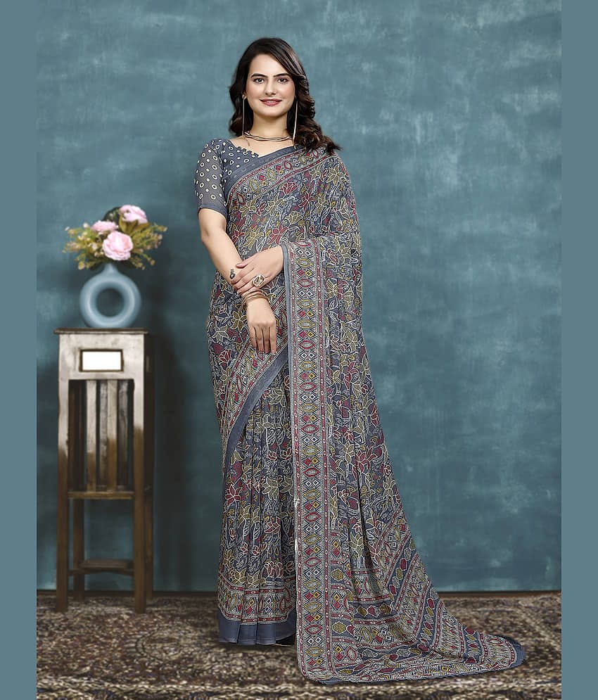 Kanooda Prints Georgette Printed Saree With Unstitched Blouse Piece ( Grey )