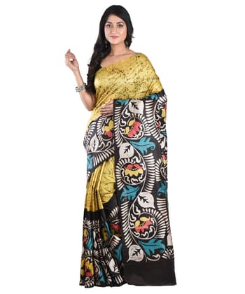 Yellow multicolor handloom silk batik print saree