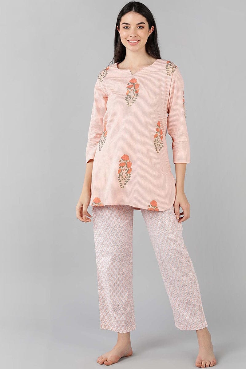 Pink Cotton Striped Night Suit VNWK1054