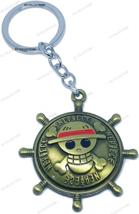 KD COLLECTIONS Anime Skull Ship Steering Wheel Revolving Rotating Keychain – Golden color – Pack of 1 Keychain